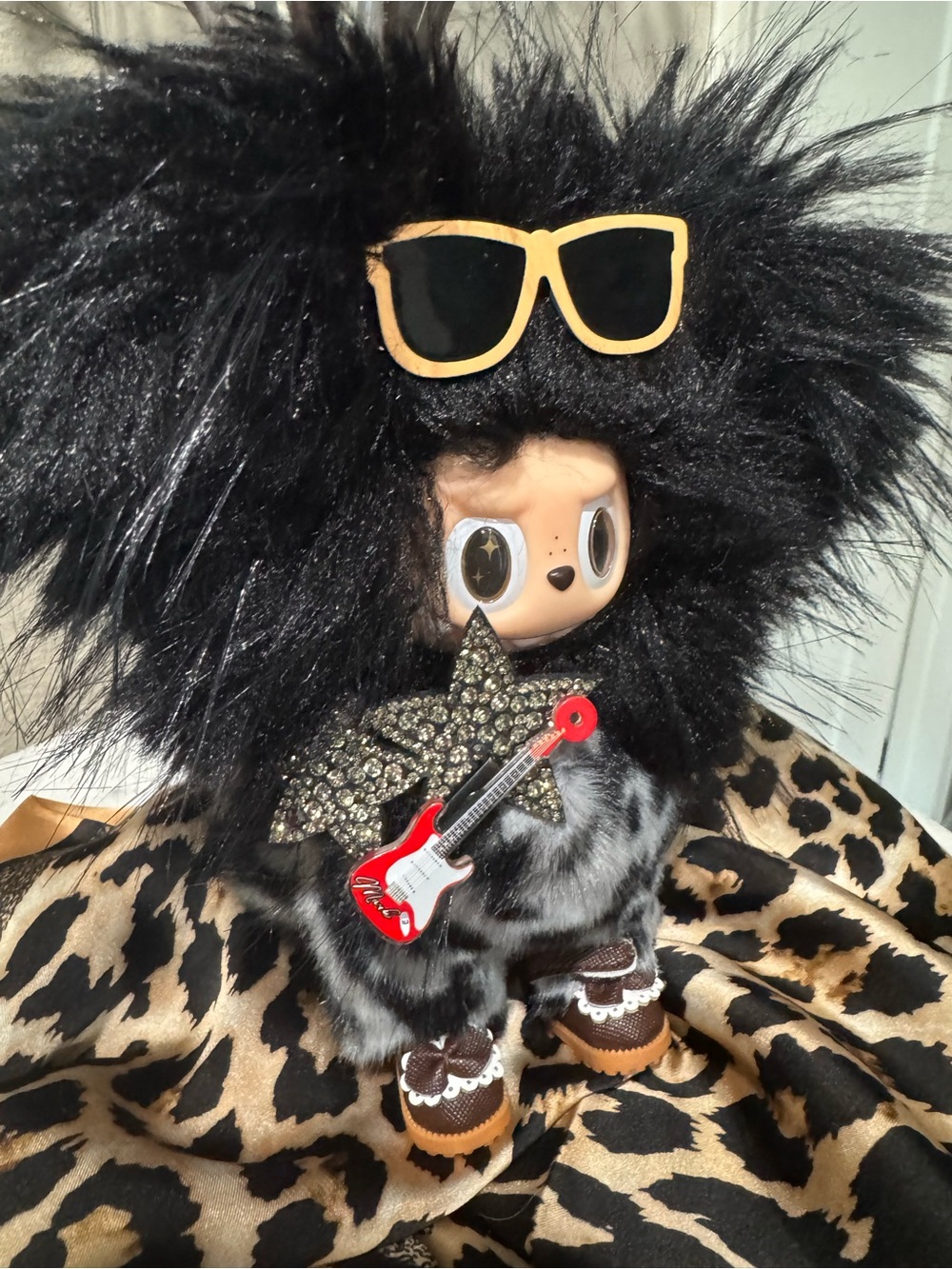 Black Fuzzy Rocker Plush Custom Labubu with Accessories - Picture 7 of 9